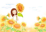 向日葵中的女孩插画
