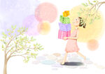 抱着礼物的女孩插画
