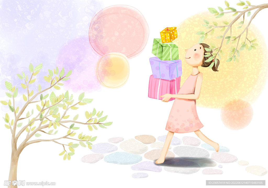 抱着礼物的女孩插画