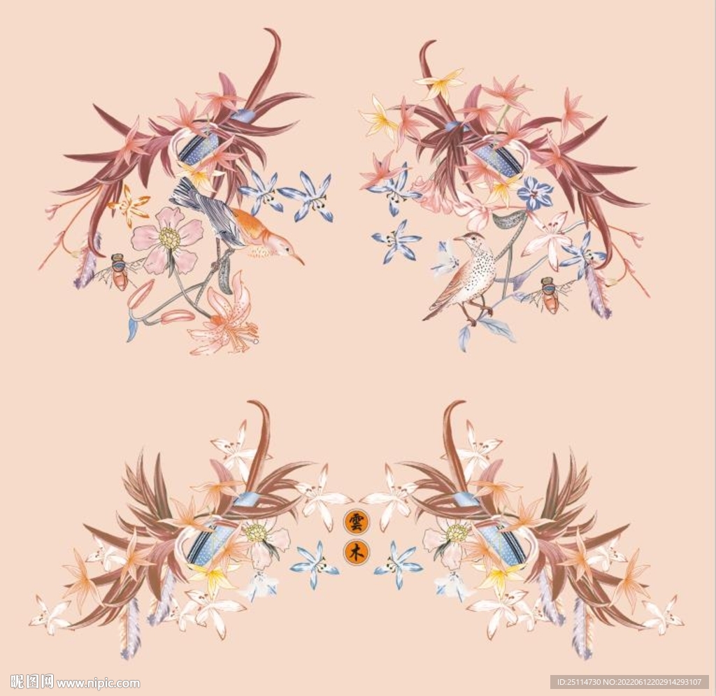 小鸟花朵叶子云木数码印花