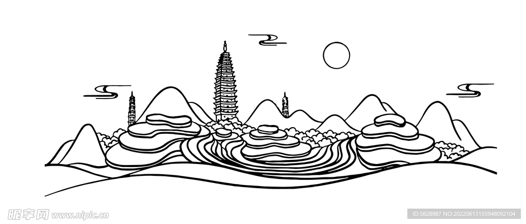 山水高塔建筑矢量图
