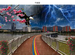 跨河大桥自然风景打雷下雨图片