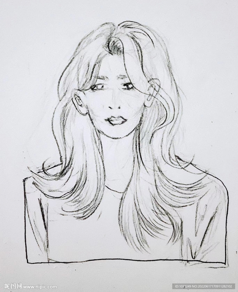 手绘素描长发美女未分层