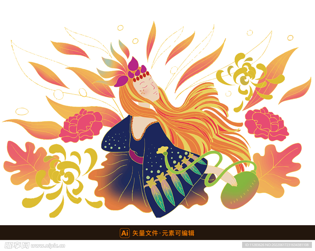 鲜花少女创意插画