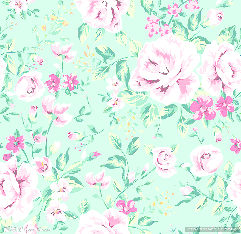 绿底粉色牡丹玫瑰花