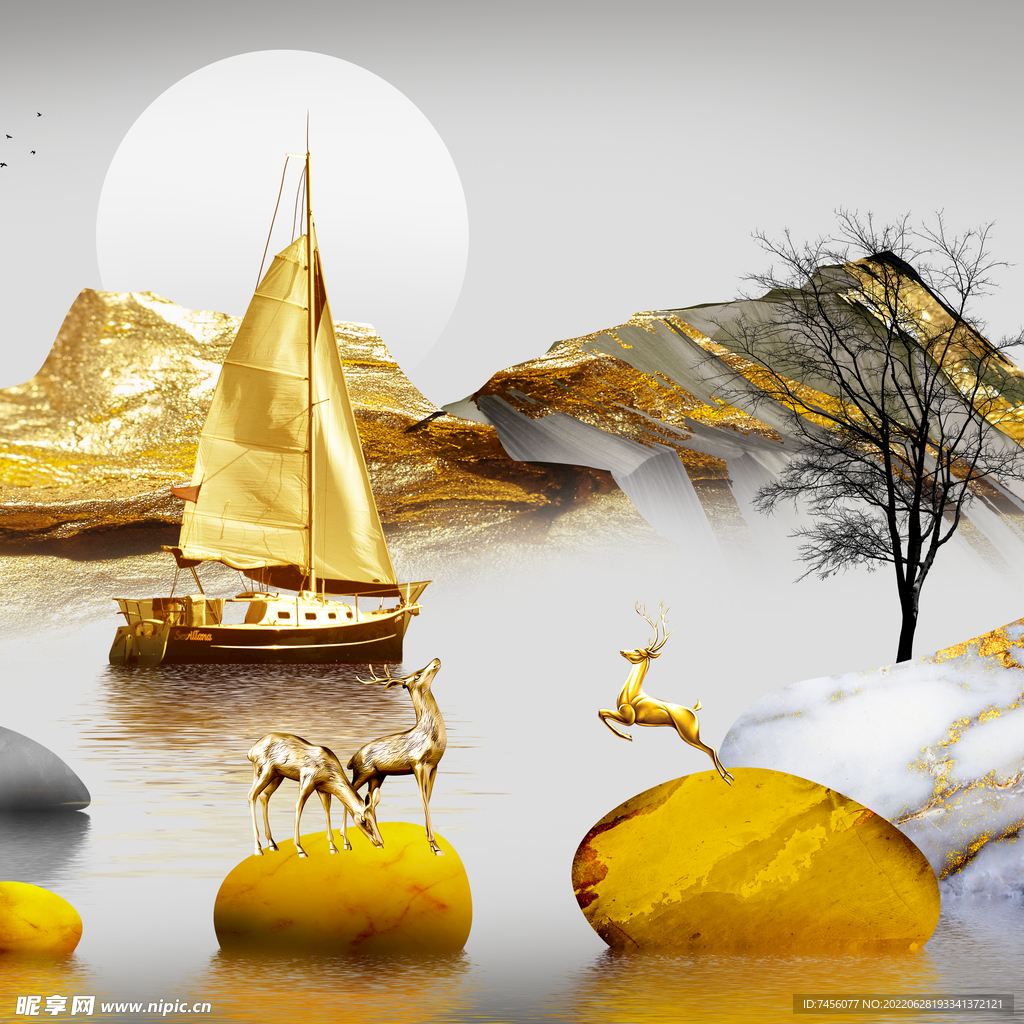 金色帆船湖泊艺术挂画装饰画