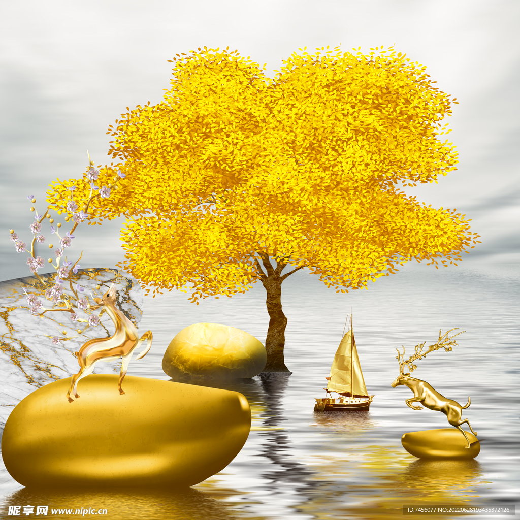 湖泊金色发财树挂画装饰画