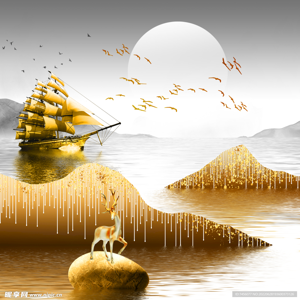 湖泊山脉中式艺术挂画装饰画