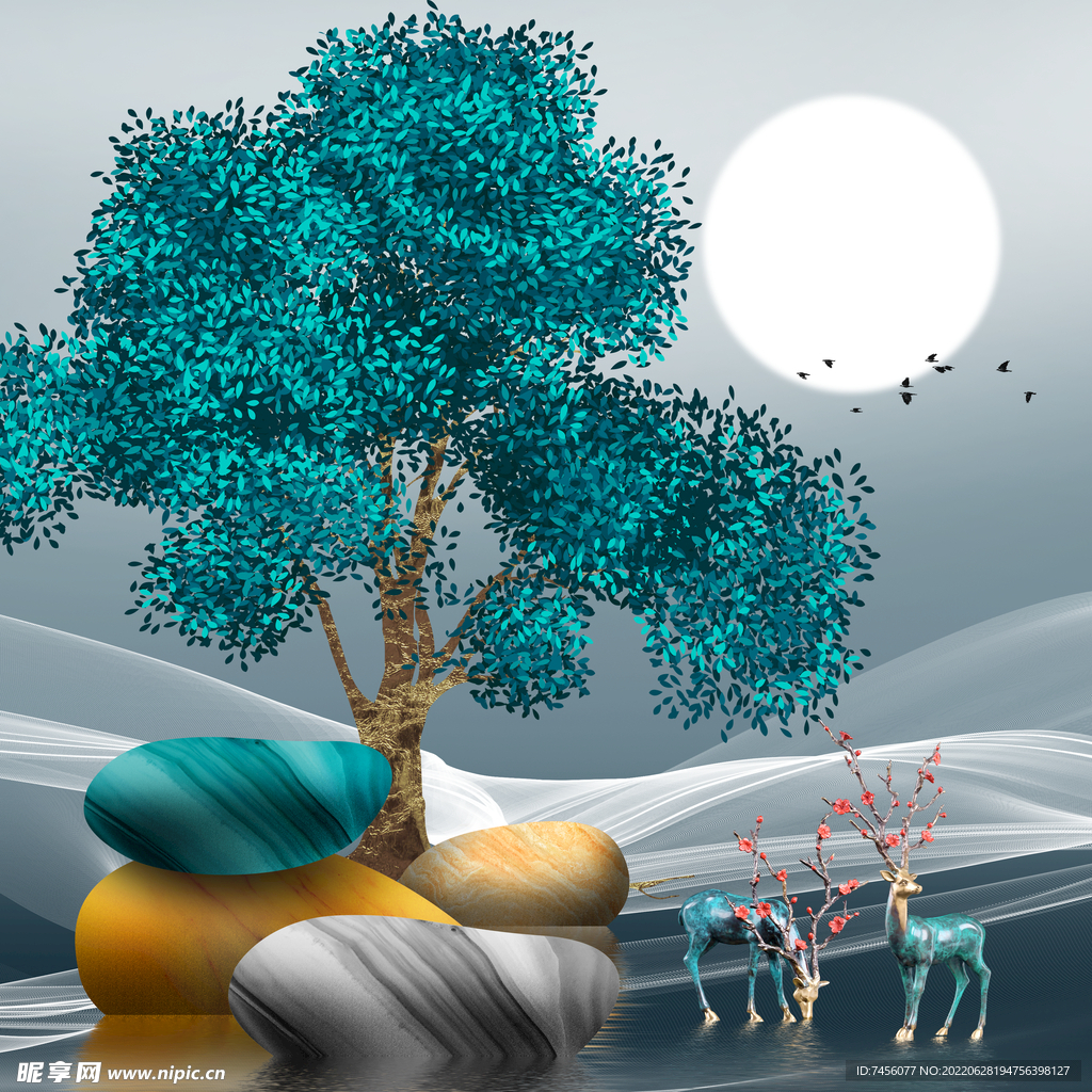 明月鹅卵石艺术树挂画装饰画