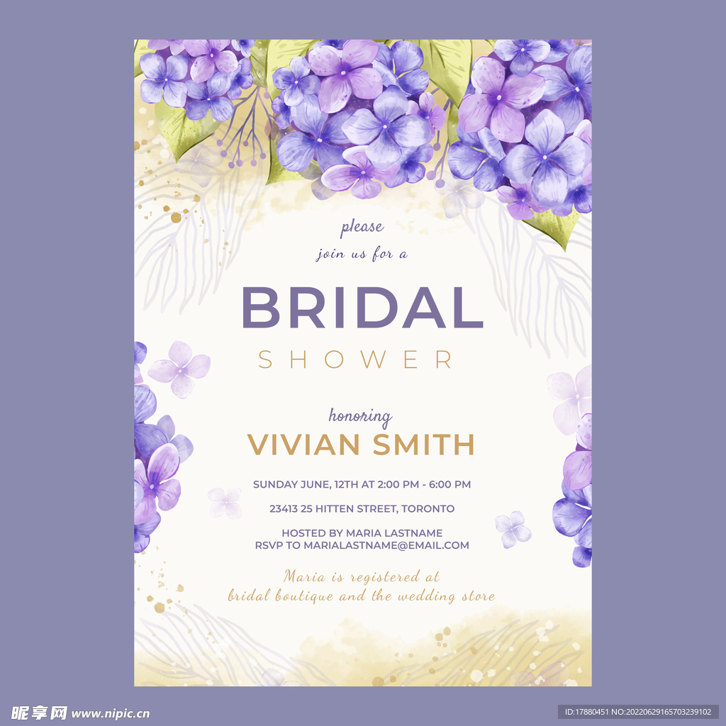 紫色花朵装饰婚礼邀请函
