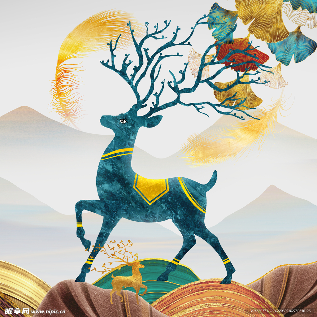 水彩麋鹿水彩树叶艺术挂画装饰画