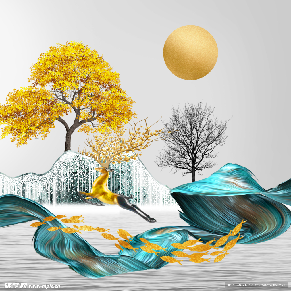发财树麋鹿轻奢艺术挂画装饰画