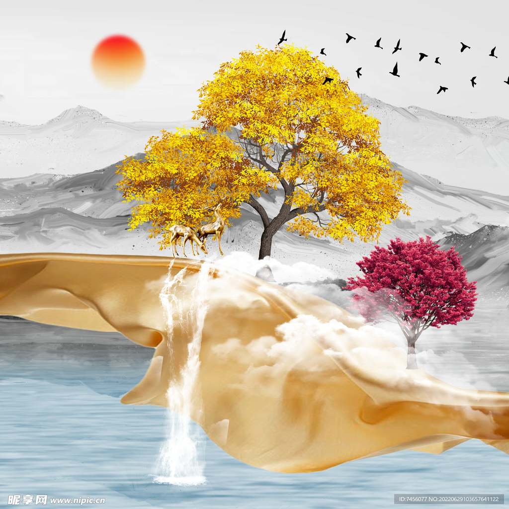 发财树山水瀑布艺术挂画装饰画