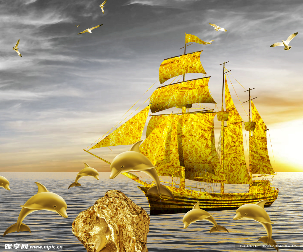 金色帆船海豚海景挂画装饰画