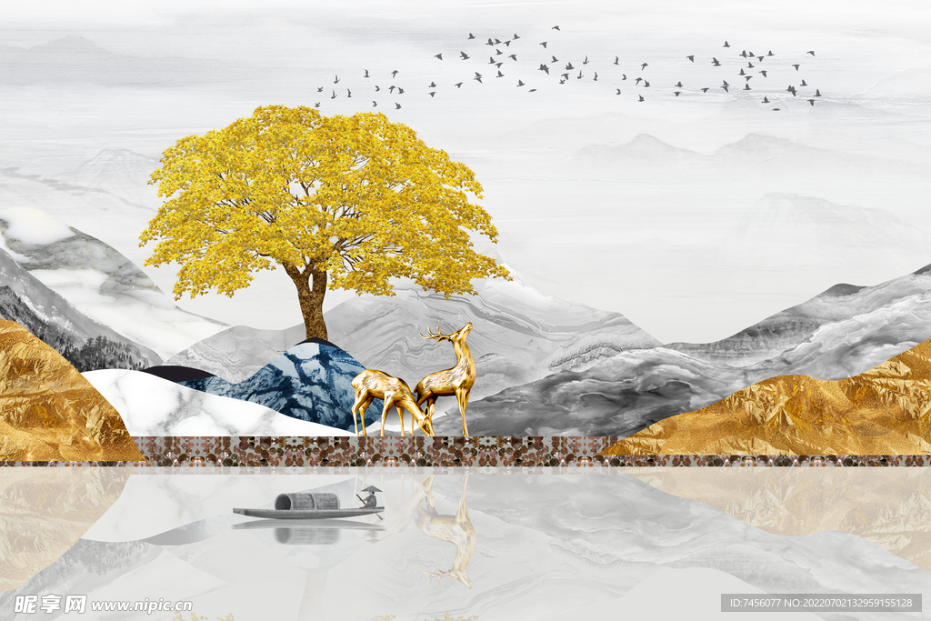 水墨山水发财树艺术挂画装饰画