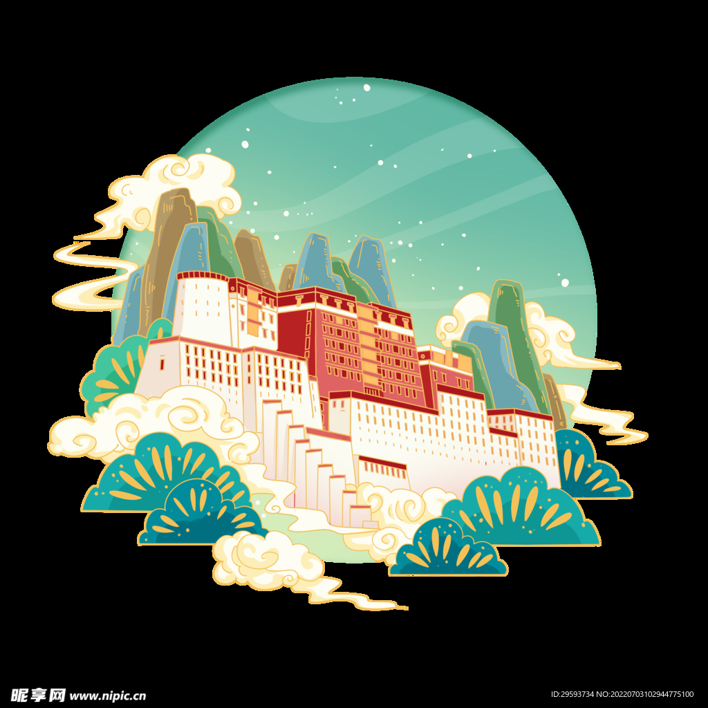 绿色国潮建筑布达拉宫插画设计