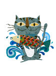 卡通插画 猫抓鱼