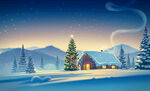  风景插画 圣诞树 雪夜