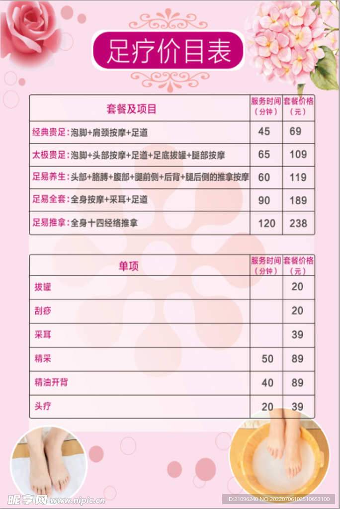 足疗价格表