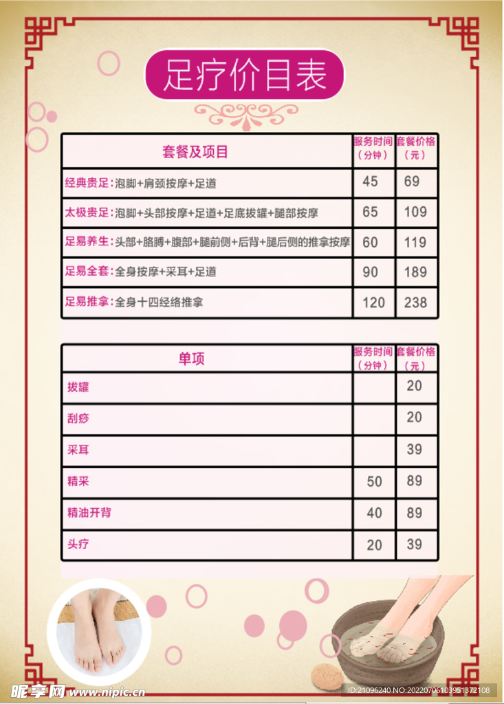 足疗价目表