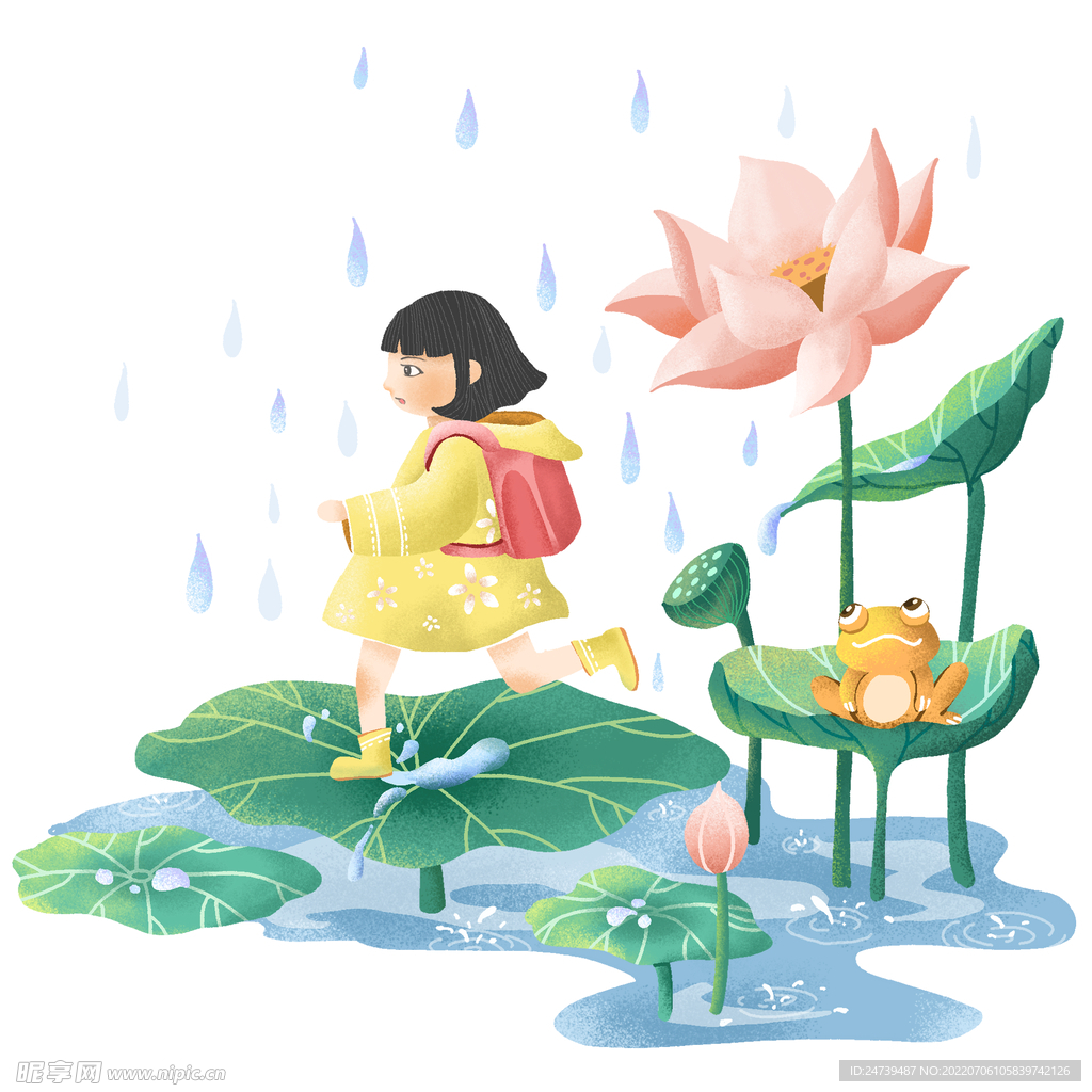 谷雨场景青蛙女孩元素