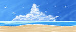 蓝天白云下的大海沙滩插画