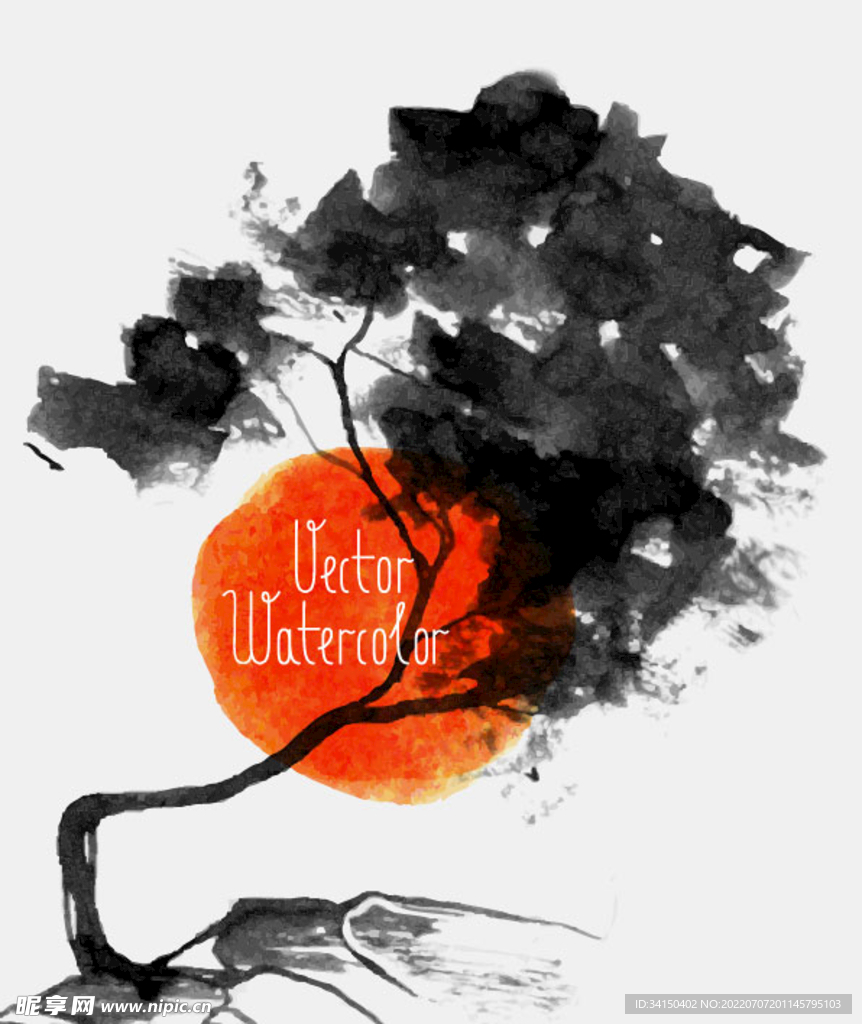 落日树影水墨插画