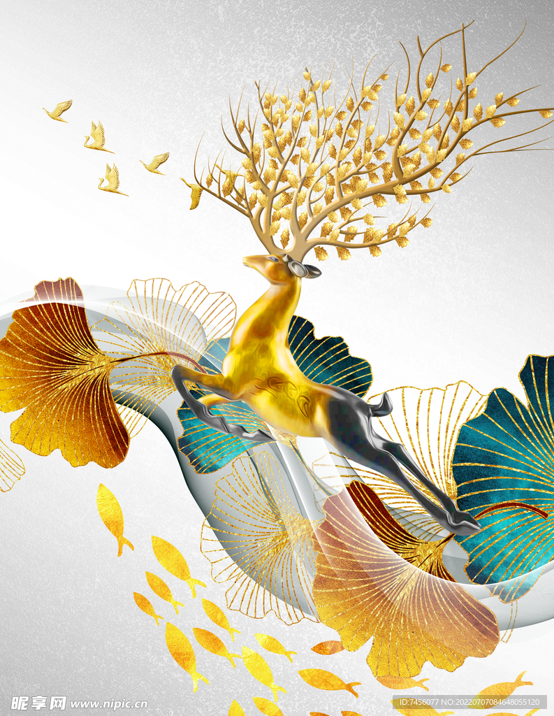 金色麋鹿树叶游鱼艺术挂画装饰画