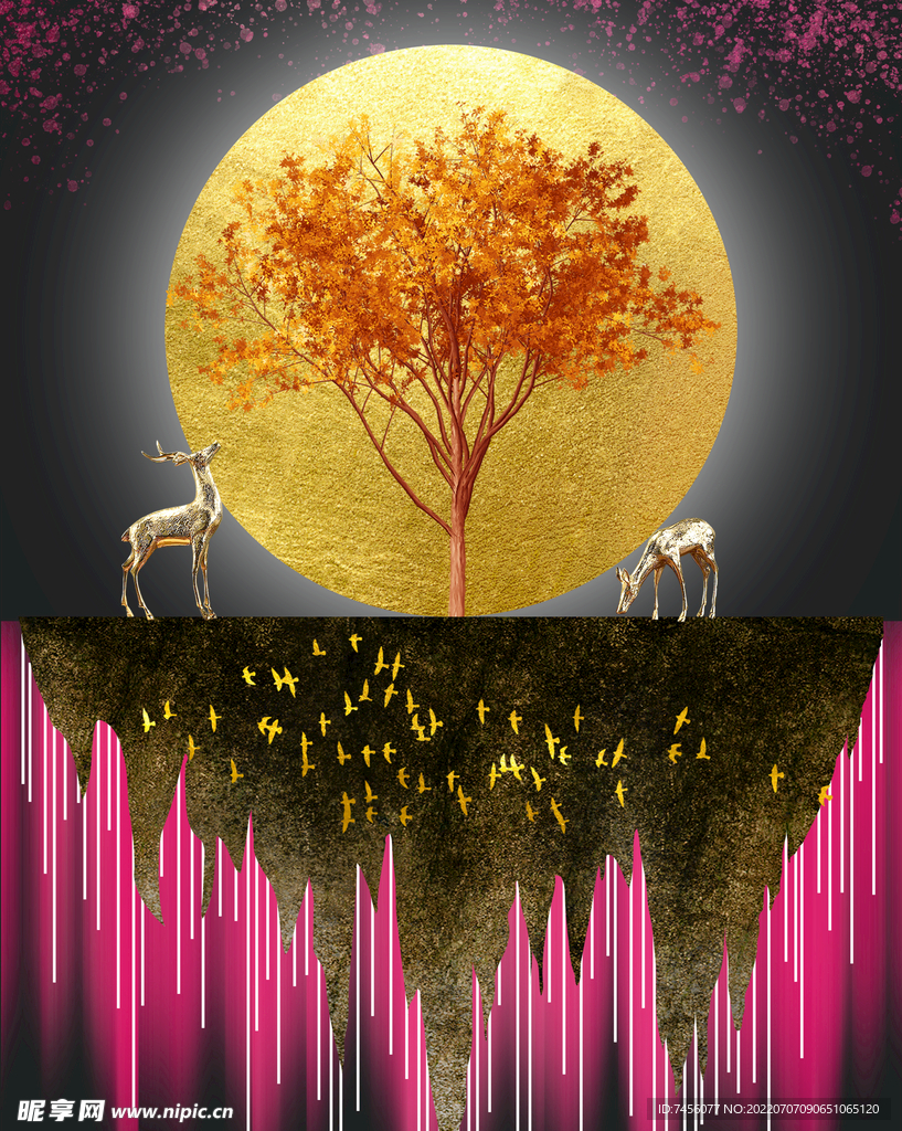 麋鹿大树高清风景画挂画
