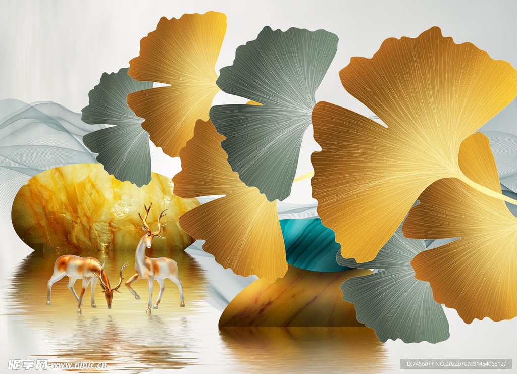 湖泊麋鹿树叶艺术挂画装饰画