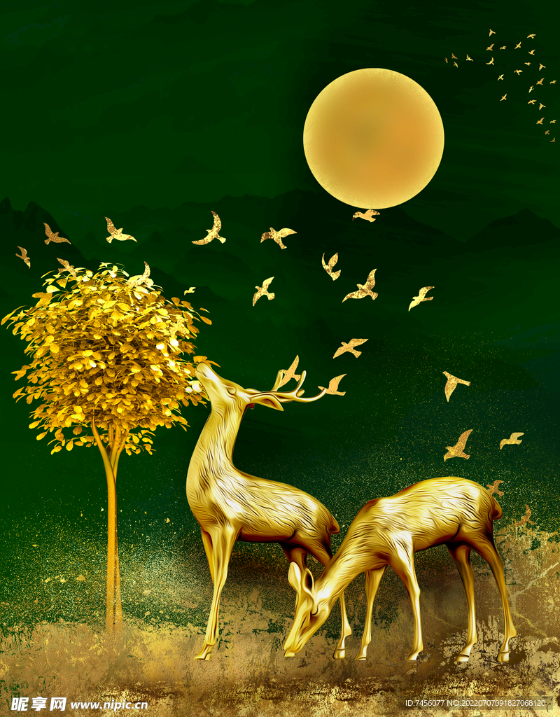 金色麋鹿发财树高清艺术挂画装饰