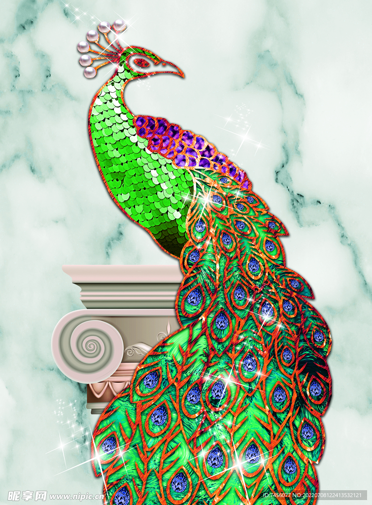 水彩孔雀大理石挂画装饰画