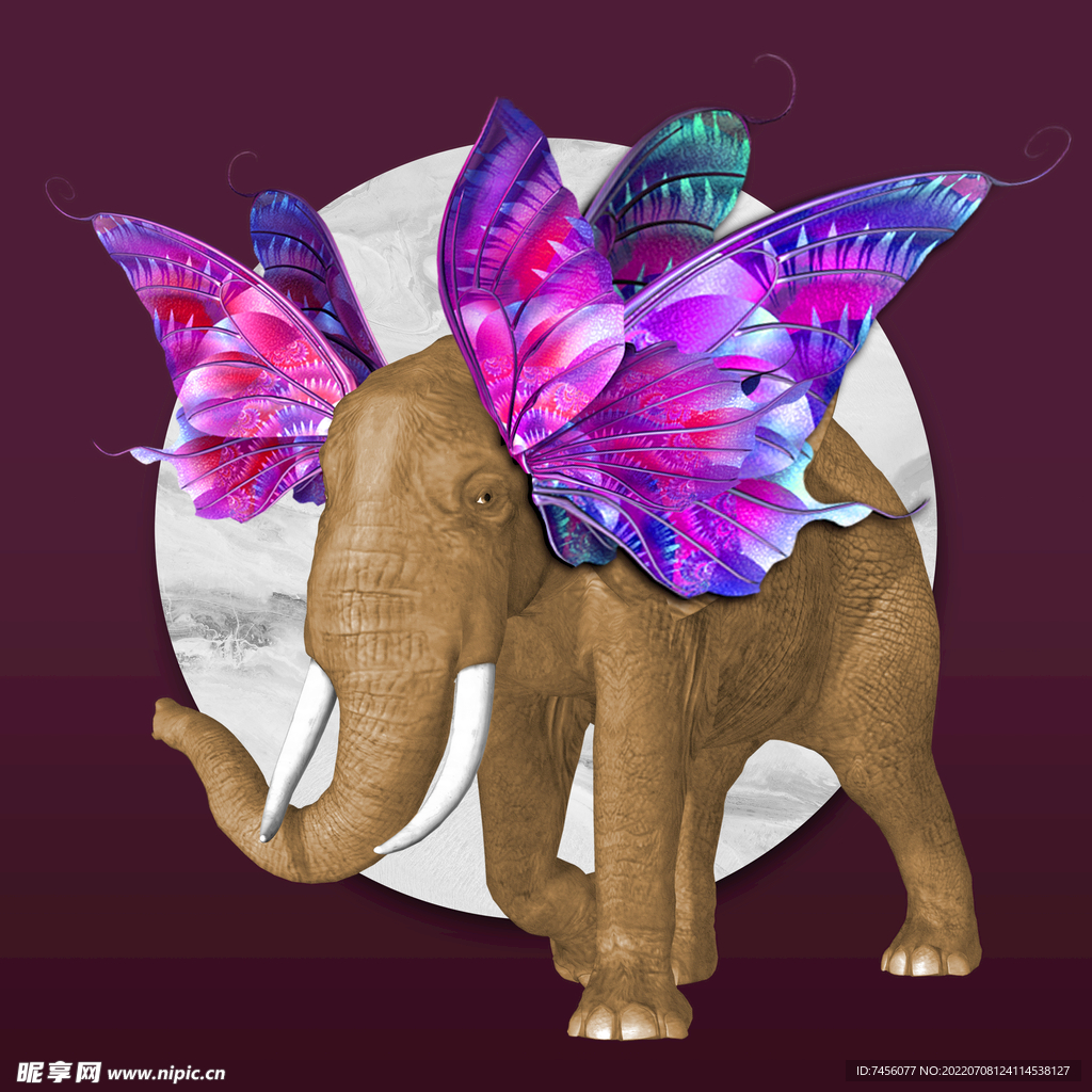 大象水彩蝴蝶艺术挂画装饰画
