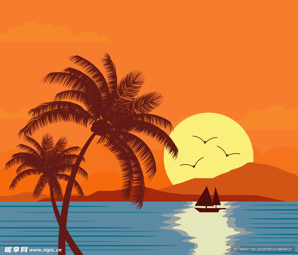 椰树黄昏海景简约装饰画挂画