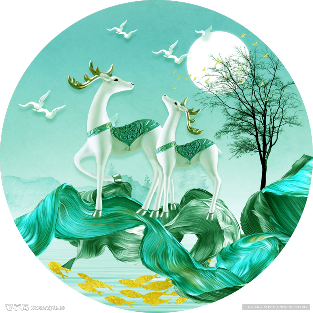 麋鹿中式风景画挂画装饰画