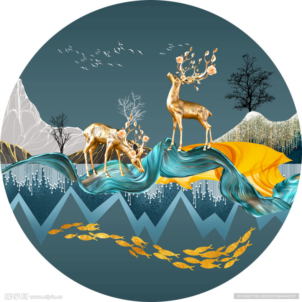 麋鹿湖泊中式风景画挂画