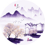 水墨山脚建筑风景画装饰画挂画