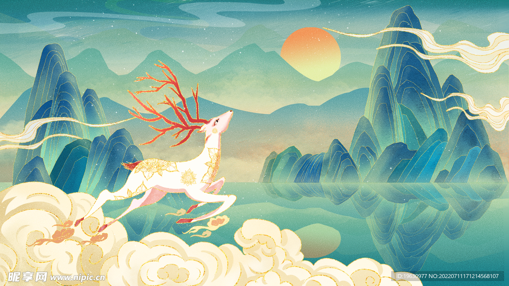 国潮水仙鹿插画