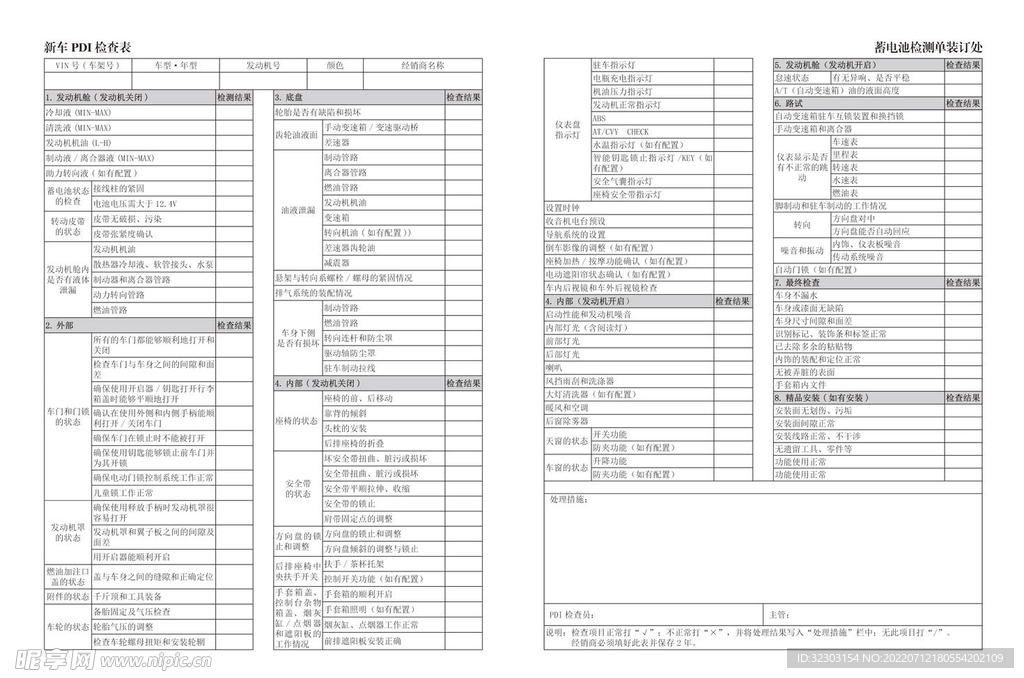 新车PDI检查表