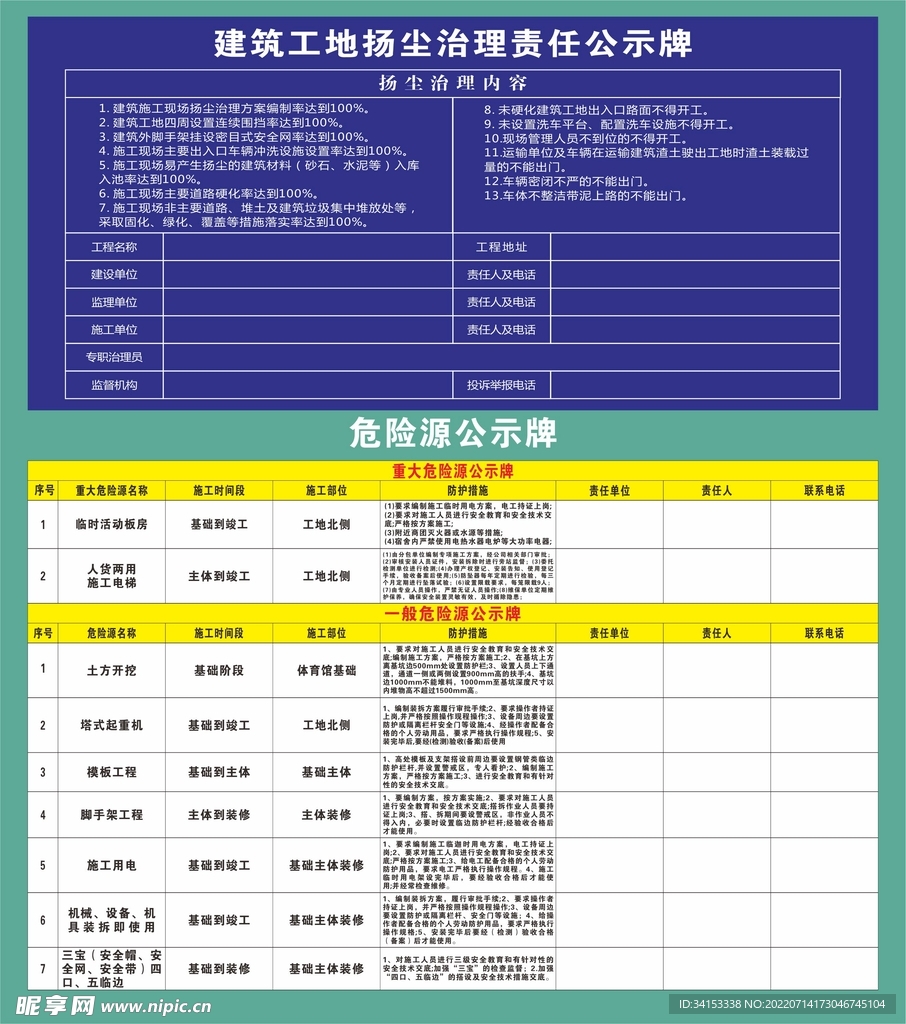 扬尘治理责任公示牌 危险源公示