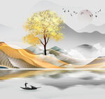 湖泊山脉中式艺术挂画装饰画