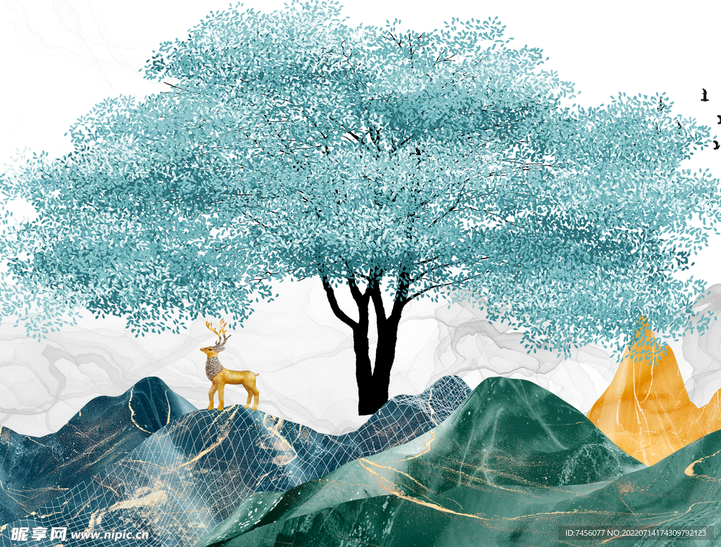 水彩树山脉麋鹿挂画装饰画