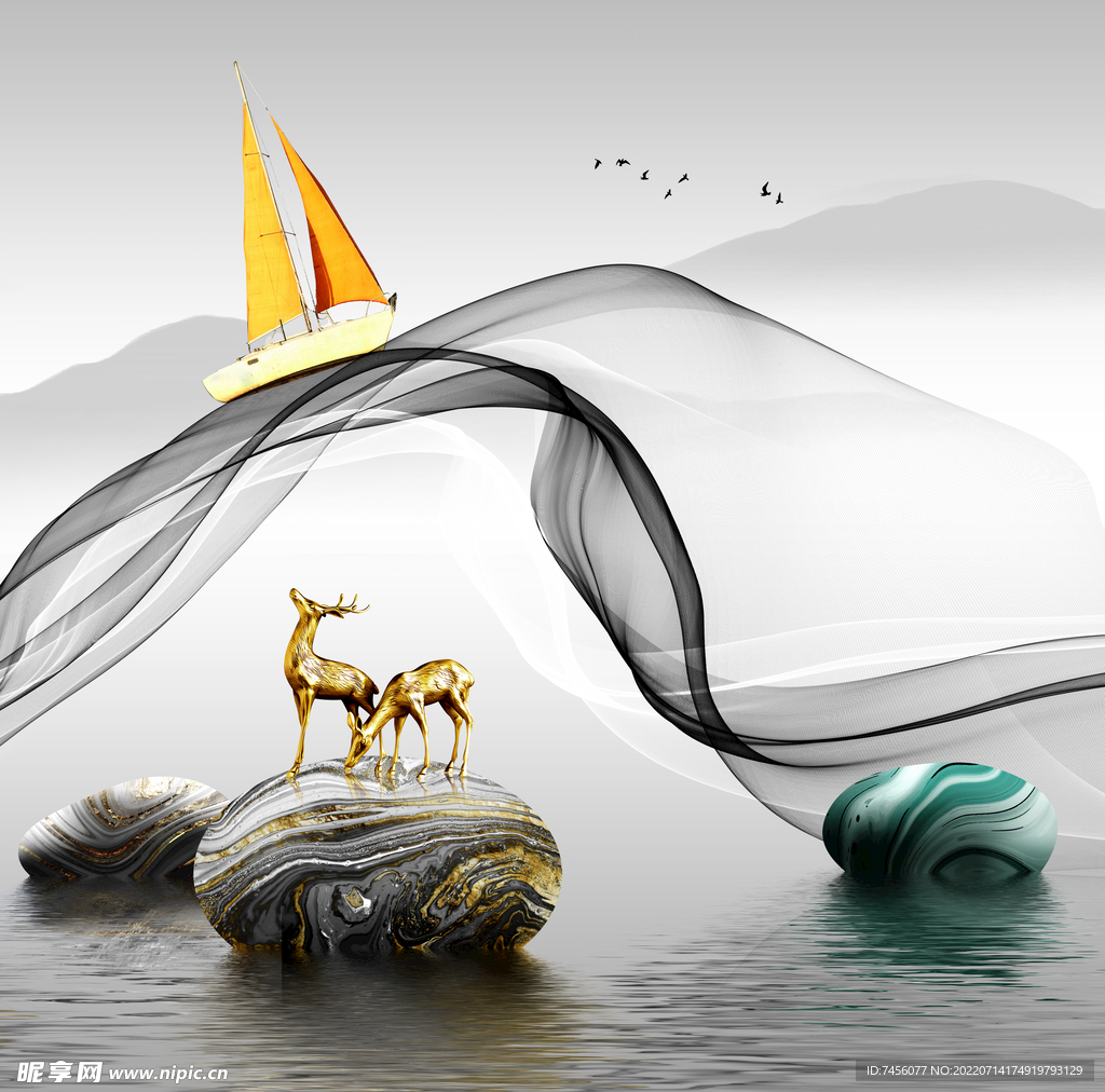麋鹿鹅卵石湖泊艺术挂画装饰画