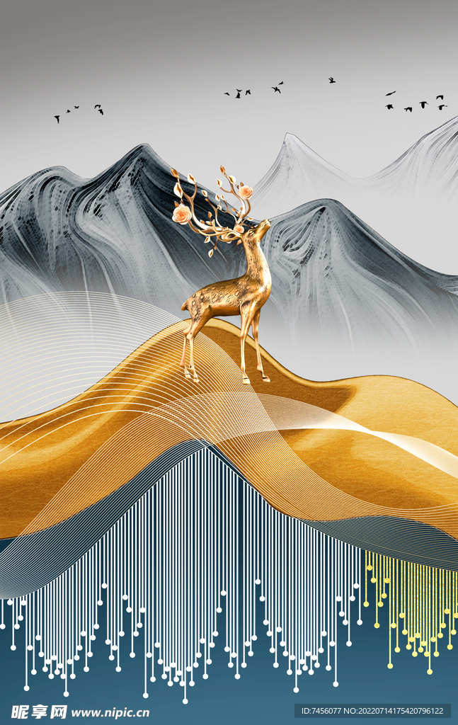 金色麋鹿山脉艺术挂画装饰画