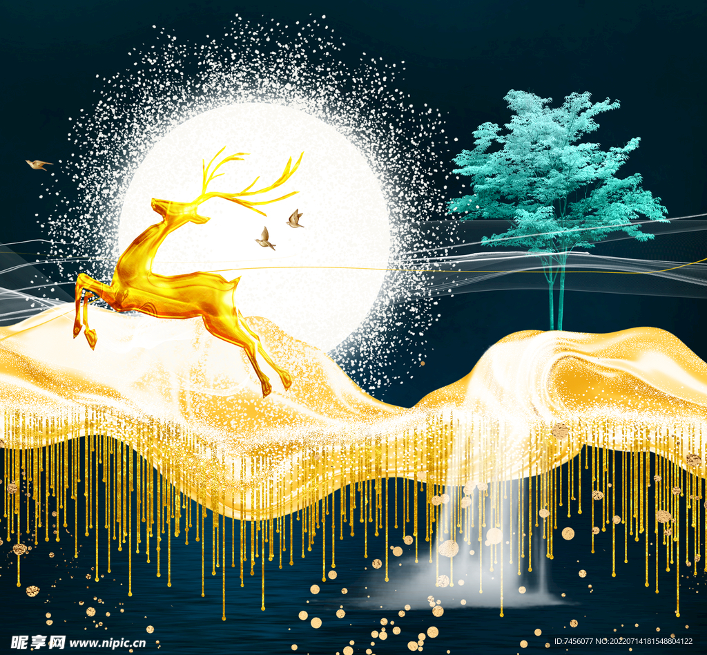 金色麋鹿明月艺术挂画装饰画