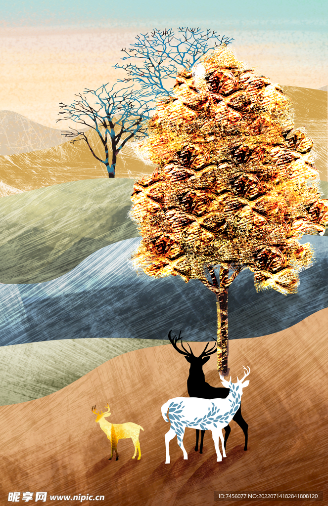 水彩树麋鹿艺术挂画装饰画