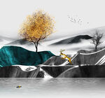 麋鹿水彩树山脉挂画装饰画