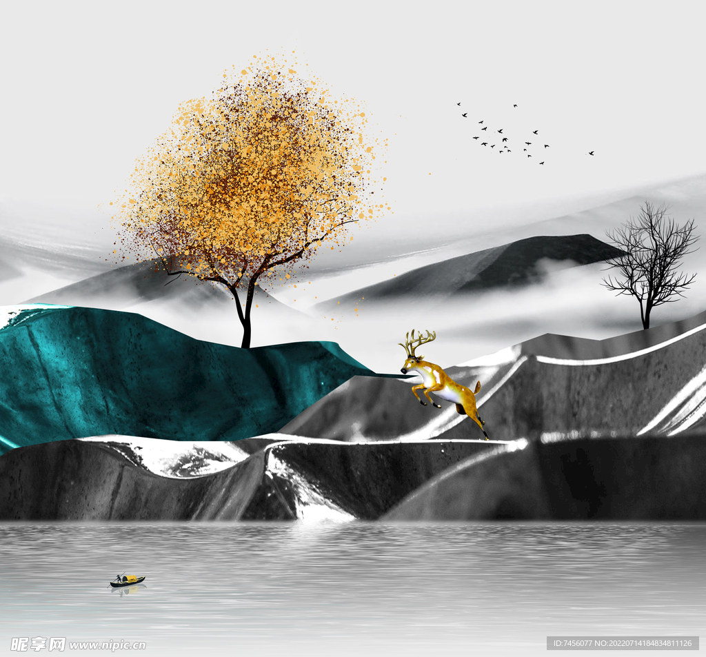 麋鹿水彩树山脉挂画装饰画