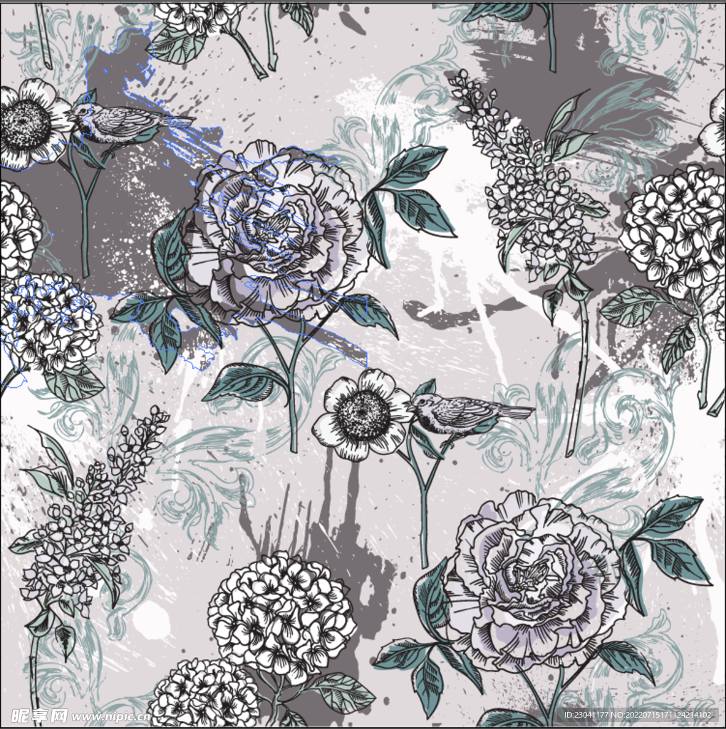 手绘线条花复古花无缝