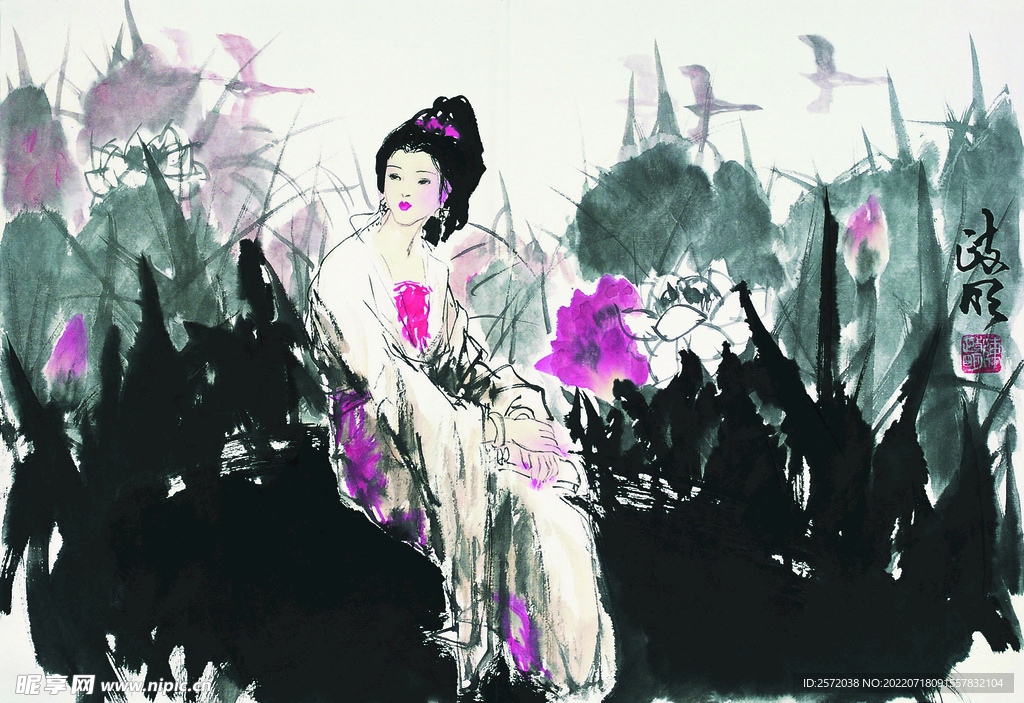 荷花仕女